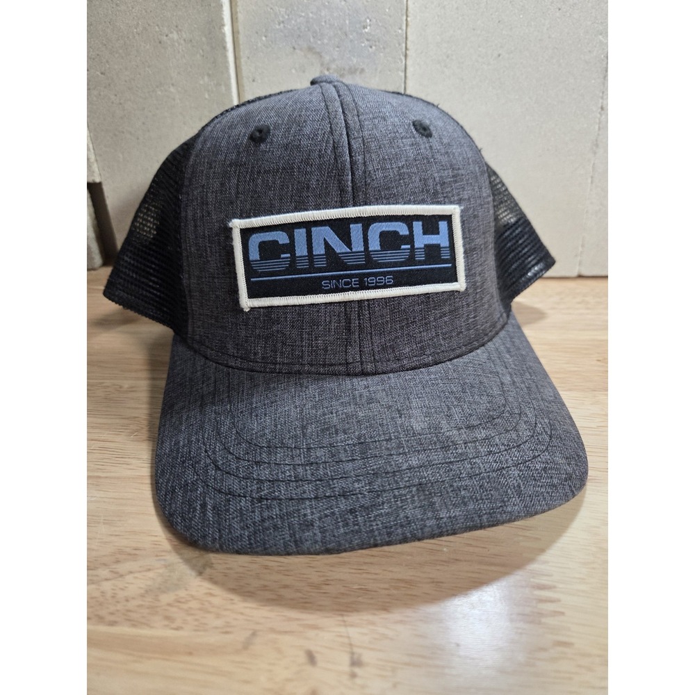 Cinch Since 1996 Gray Black Mesh Trucker Snapback Hat Logo Patch Western